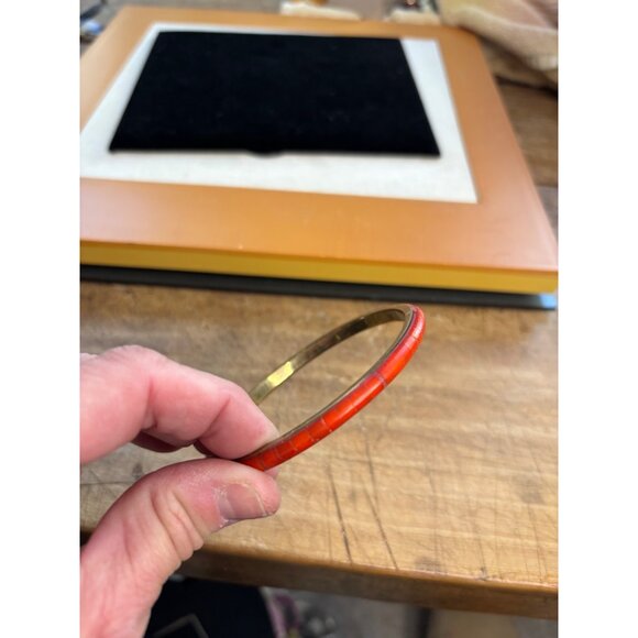 Vintage Brass & Red Enamel Bangle Bracelet - Picture 5 of 8